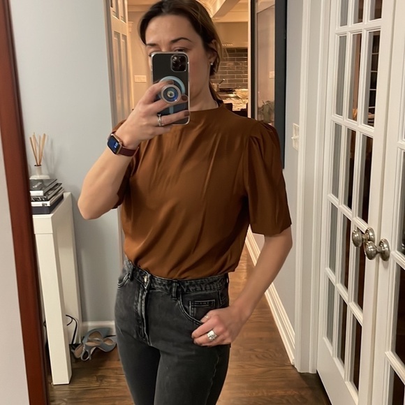 Calvin Klein Tops - Calvin Klein Solid Crepe De Chine Mock Neck Short Puffed Elbow Sleeve Blouse